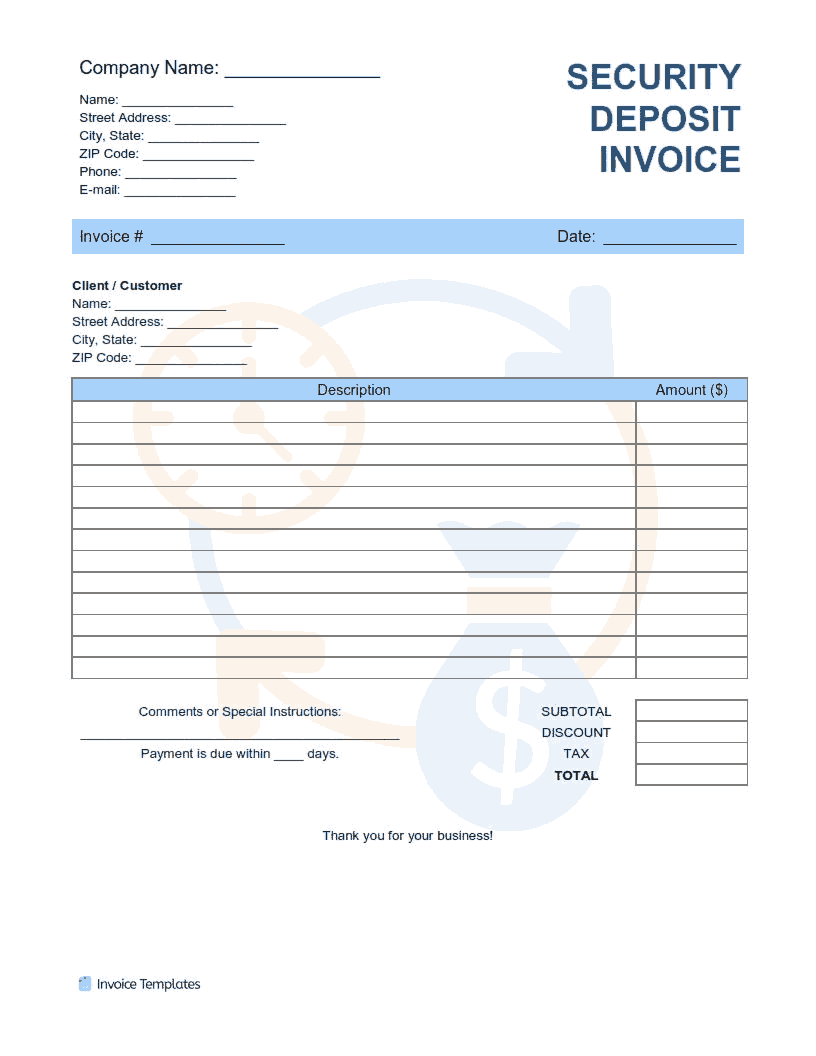 Security Deposit Invoice Template Word | Excel | PDF