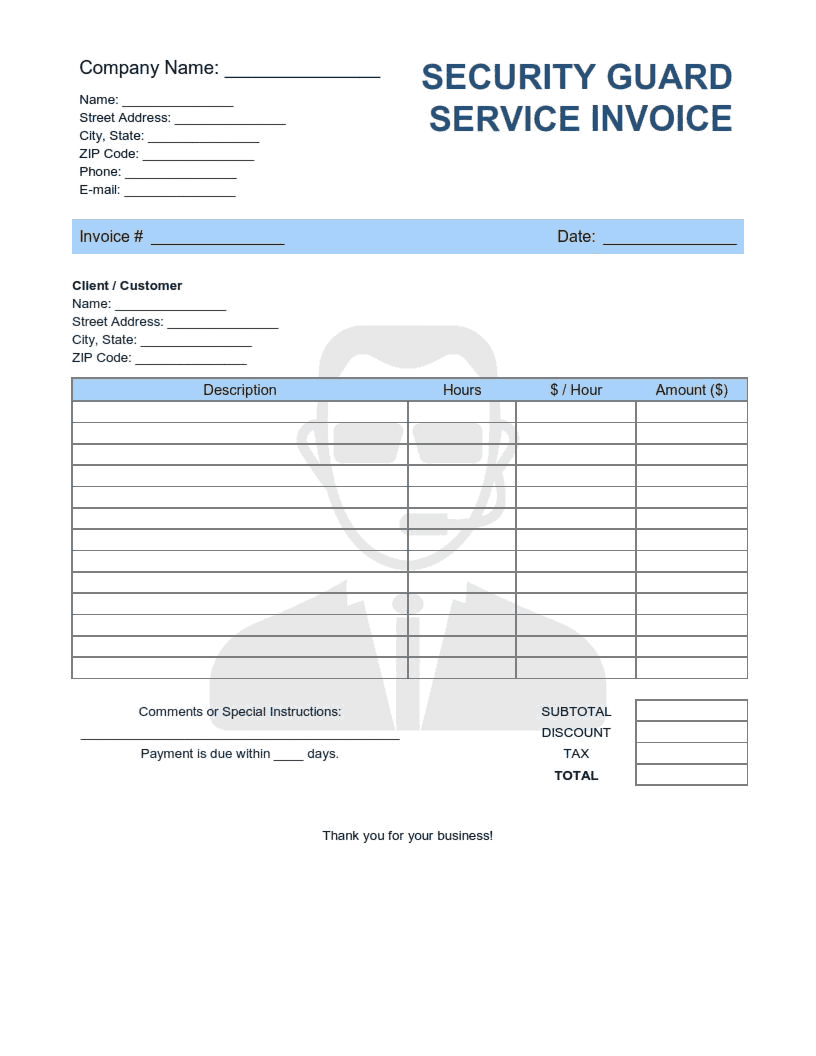 Security Guard Service Invoice Template Word | Excel | PDF