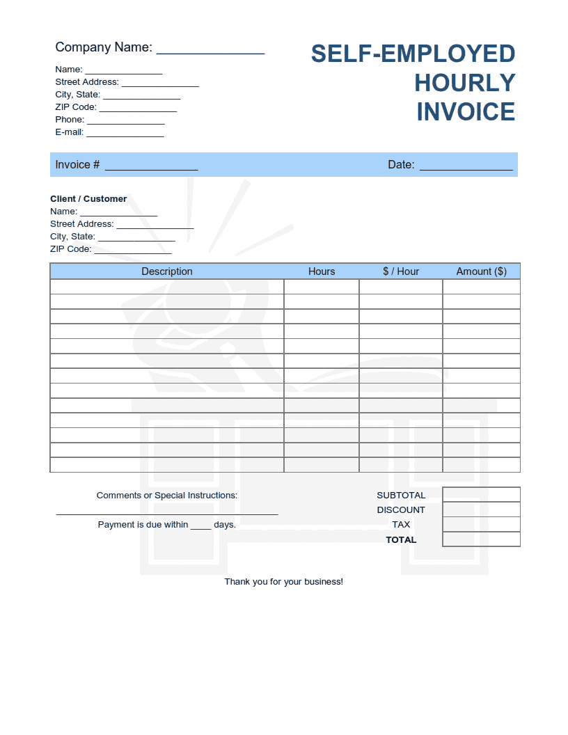 Self Employed Hourly Invoice Template Word | Excel | PDF