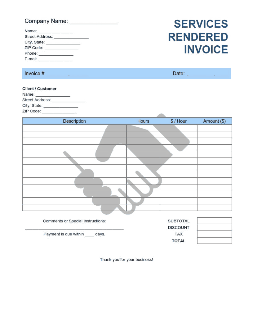 Services Rendered Invoice Template Word | Excel | PDF