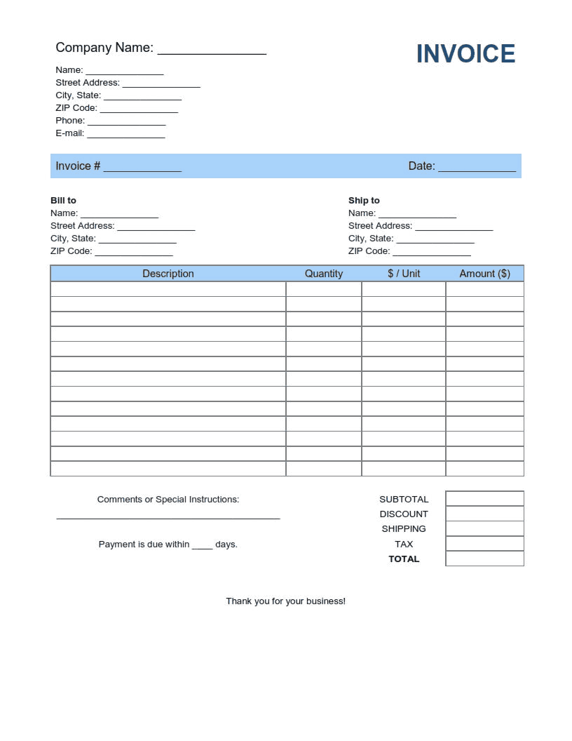 Simple Invoice Template with Shipping Word | Excel | PDF
