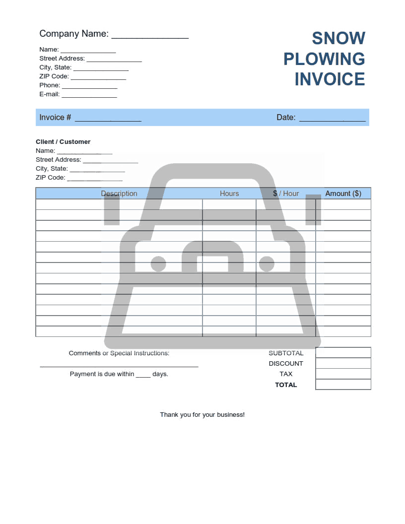Snow Plowing Invoice Template Word Excel PDF Free Download Free