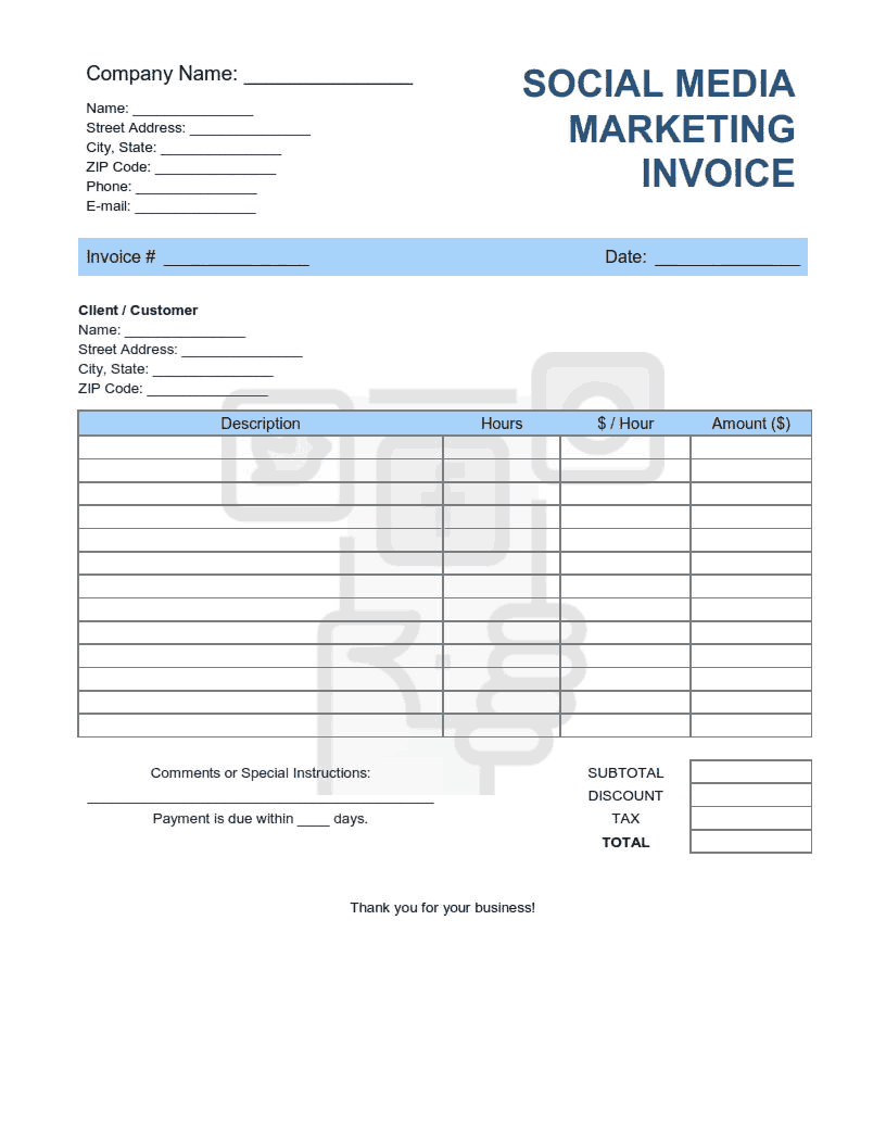 Social Media Marketing Invoice Template Word Excel PDF Free
