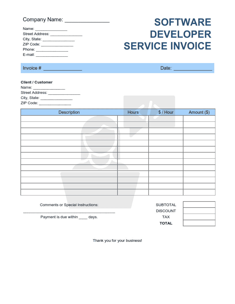 Software Developer Service Invoice Template Word | Excel | PDF