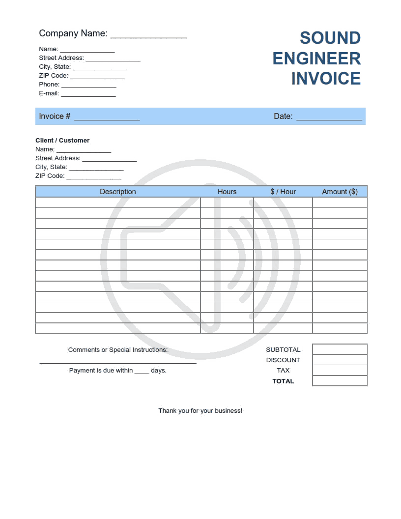 Sound Engineer Invoice Template Word | Excel | PDF