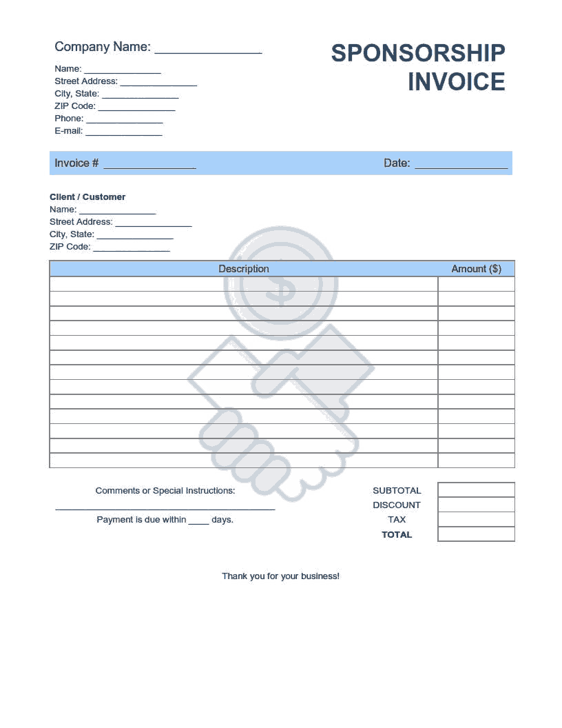 Sponsorship Invoice Template Word Excel PDF Free Download Free
