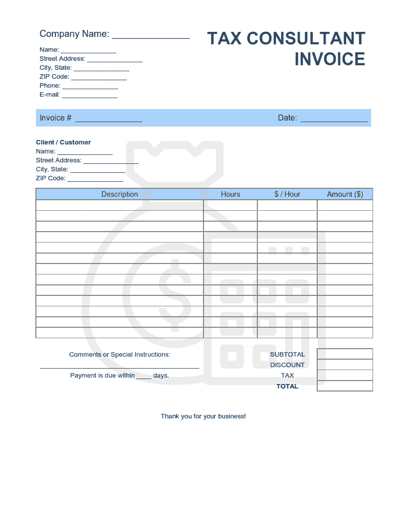 Tax Consultant Invoice Template Word | Excel | PDF