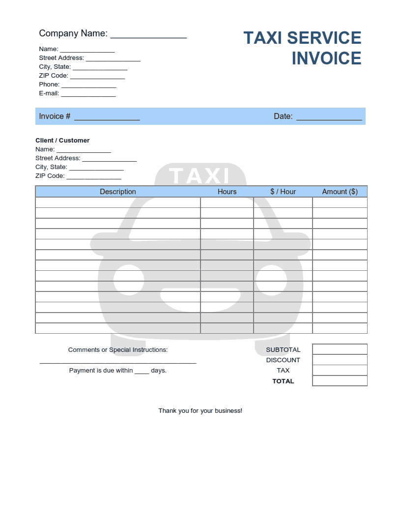 Taxi Service Invoice Template Word | Excel | PDF