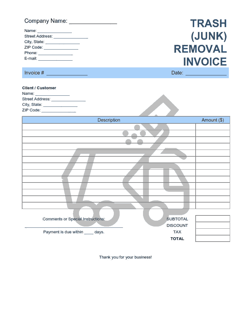 Trash Junk Removal Invoice Template Word Excel PDF Free Download