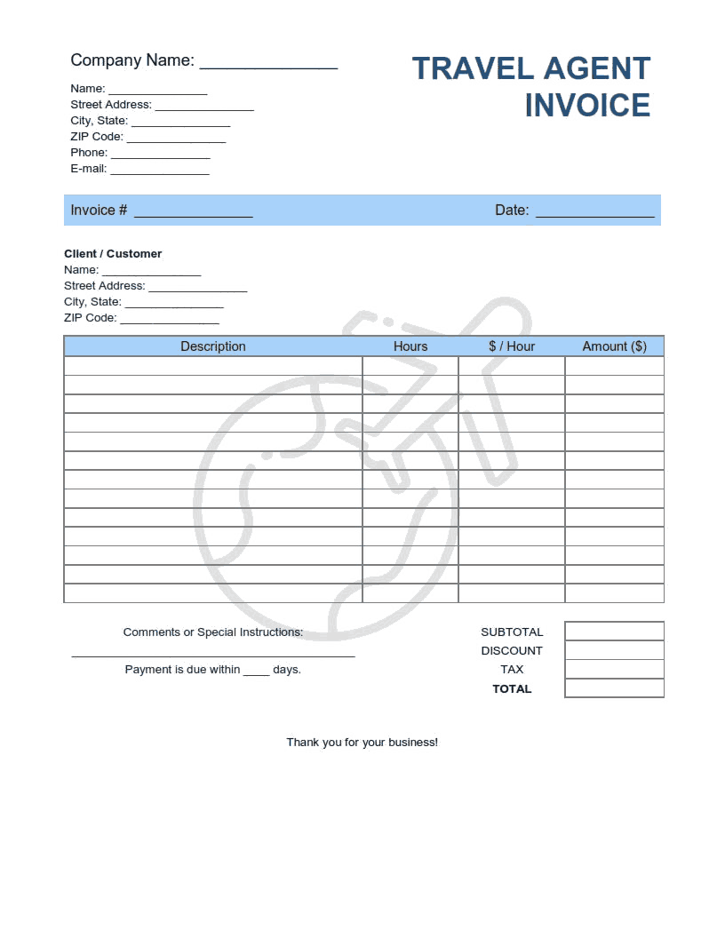 Travel Agent Invoice Template Word | Excel | PDF