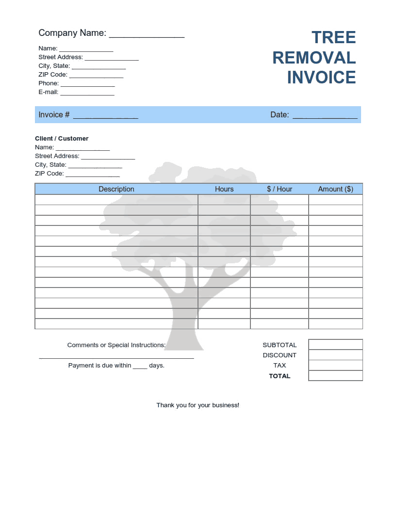 Tree Removal Invoice Template Word | Excel | PDF