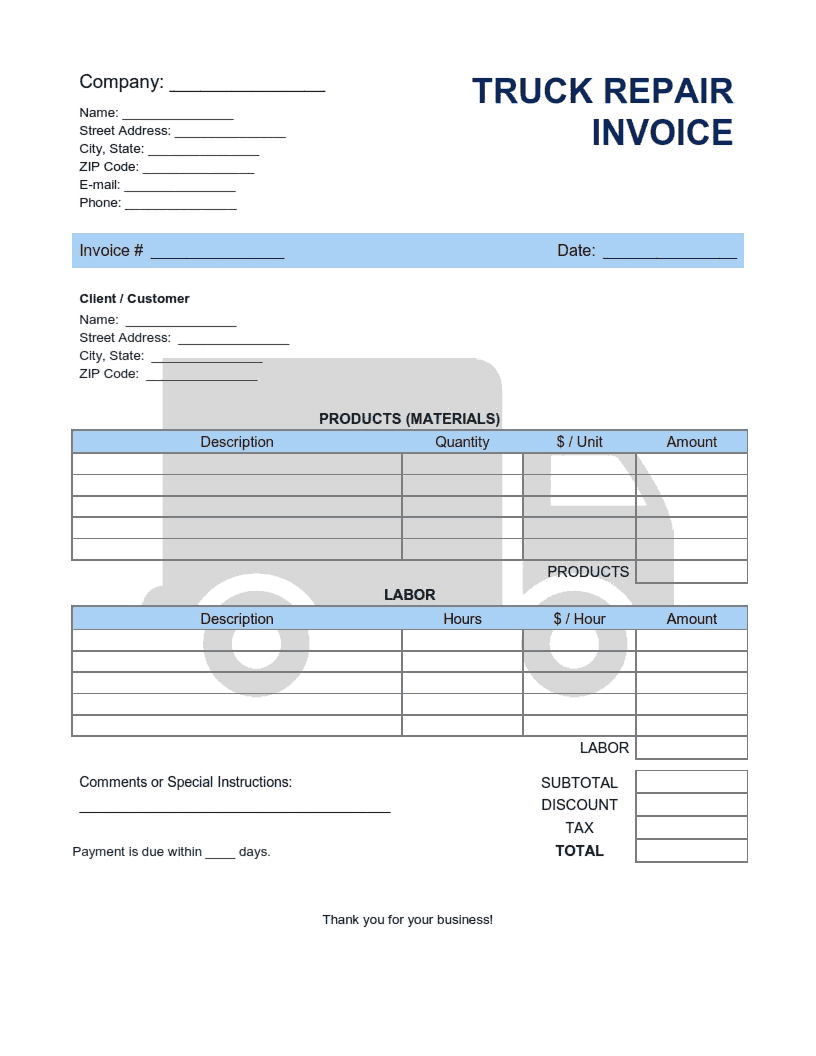 Truck Repair Invoice Template Word | Excel | PDF