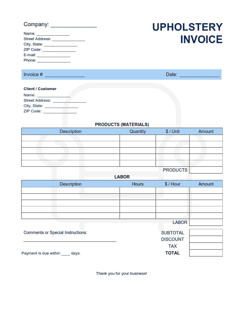 Upholstery Invoice Template Word | Excel | PDF