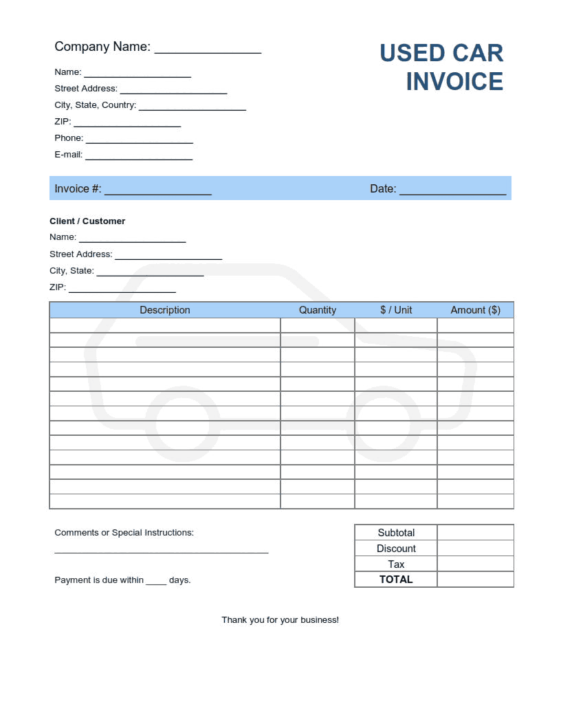 Free Download PDF Books, Used Car Invoice Template Word | Excel | PDF