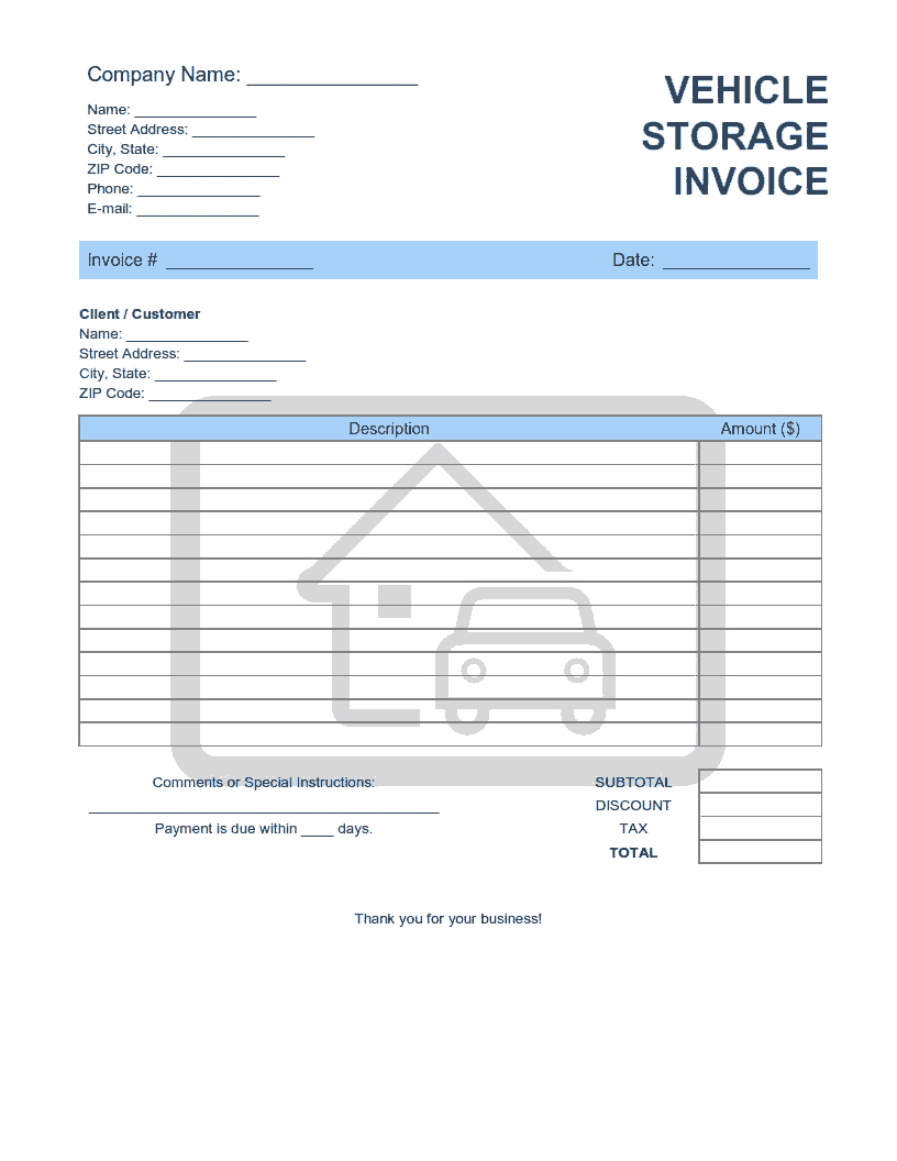 Free Download PDF Books, Vehicle Storage Invoice Template Word | Excel | PDF