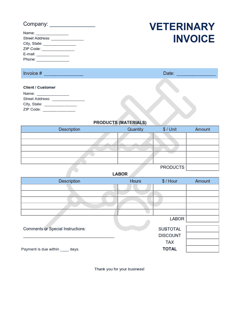Veterinary Invoice Template Word | Excel | PDF