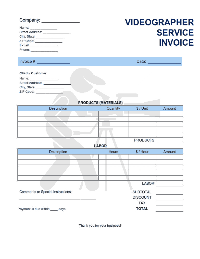 Videographer Service Invoice Template Word | Excel | PDF