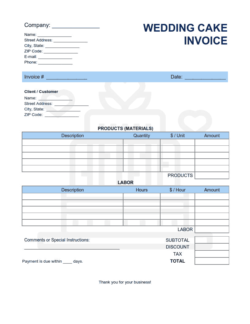 Wedding Cake Invoice Template Word Excel PDF Free Download Free