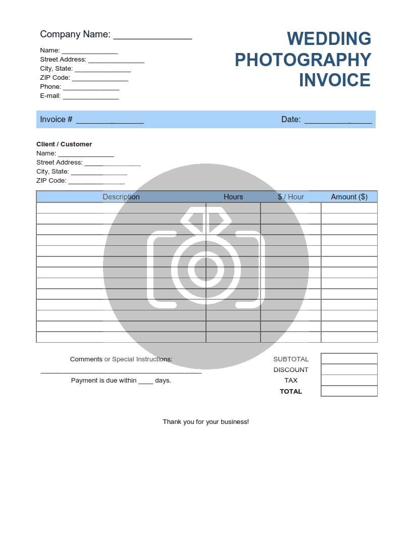 Wedding Photography Invoice Template Word | Excel | PDF