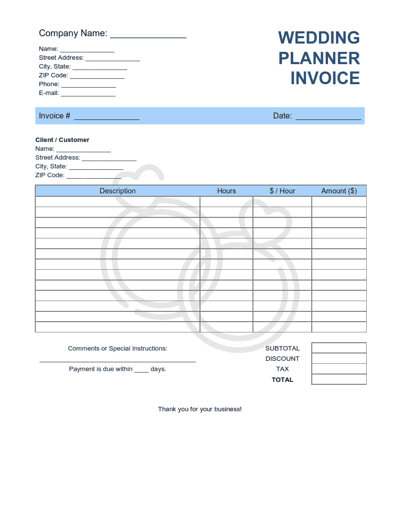 Wedding Planner Invoice Template Word | Excel | PDF