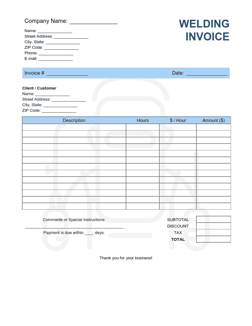 Welding Invoice Template Word | Excel | PDF