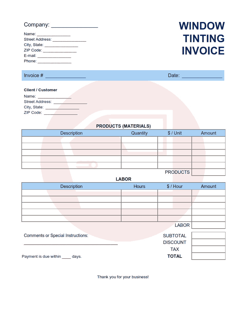Window Tinting Invoice Template Word | Excel | PDF