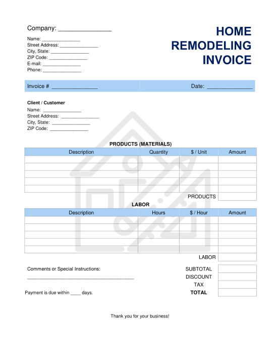 Home Remodeling Invoice Template Word | Excel | PDF