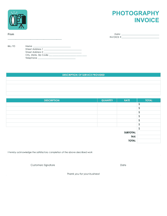 Photography Invoice Template Word | Excel | PDF