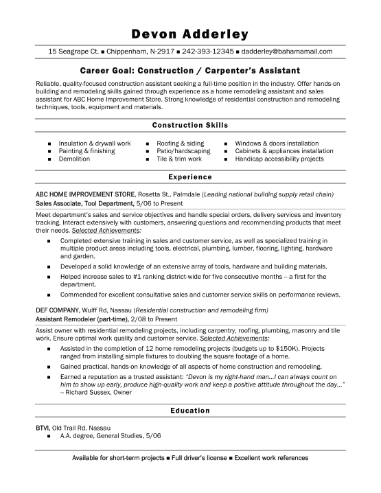 Construction Assistant Resume Template Word | PDF