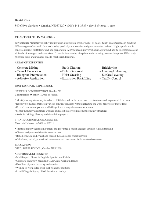Construction Worker Resume Template Word | PDF