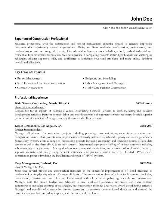 Experienced Construction Resume Template Word | PDF