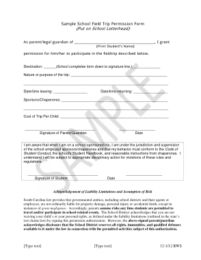 Sample School Field Trip Permission Form Slip Template Word | PDF