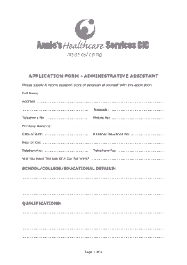 Admin Assistant Application Form Template