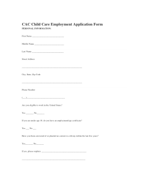 Child Care Employment Application Form Template