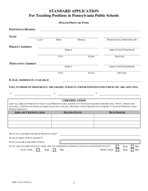 Standard Teacher Application Form Template