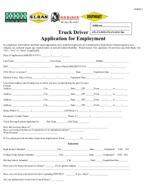 Truck Driver Employment Application Form Template