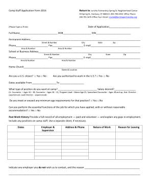 Camp Staff Application Form Template