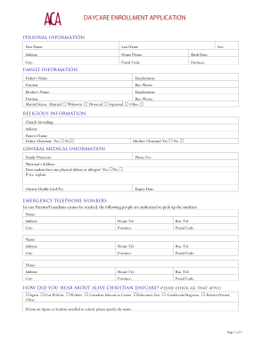 Daycare Enrollment Application Form Template