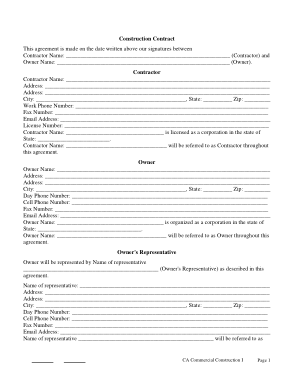 Construction Contract Agreement Form Template