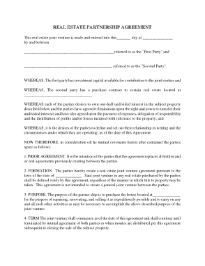 Real Estate Partnership Agreement Form Template