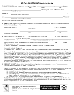 Rental Agreement Month To Month Form Template