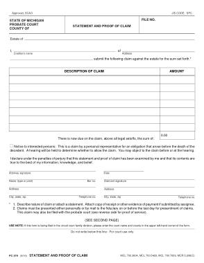 Statement And Proof Of Claim Form Template