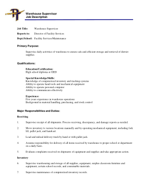 Free Download PDF Books, Warehouse Supervisor Job Description Template