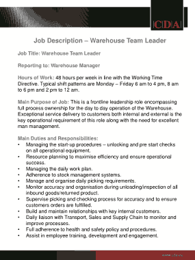 Warehouse Team Leader Job Description Template