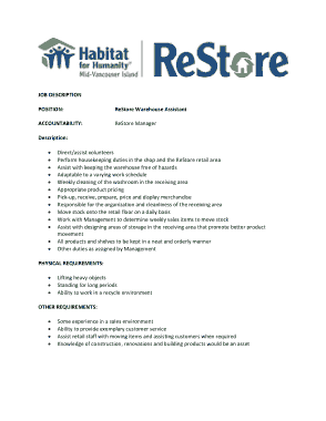 Restore Warehouse Assistant Manager Job Description Template