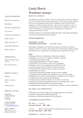 Free Download PDF Books, Warehouse Manager Job Description For Resume Template