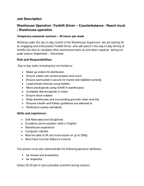 Free Download PDF Books, Warehouse Worker Forklift Job Description Template