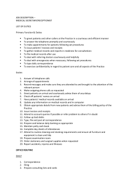 Free Download PDF Books, Medical Receptionist Secretary Job Description
