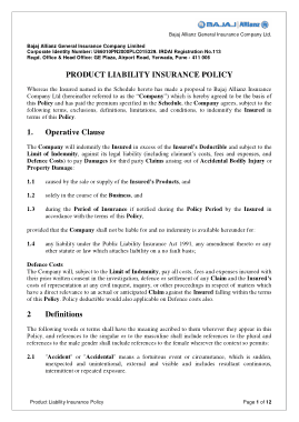 Sample Product Liability Insurance Policy Template