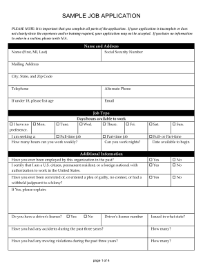 General Job Application Experience form Template